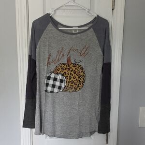 "Hello Fall" Gray Long Sleeve Tee with Pumpkin Design